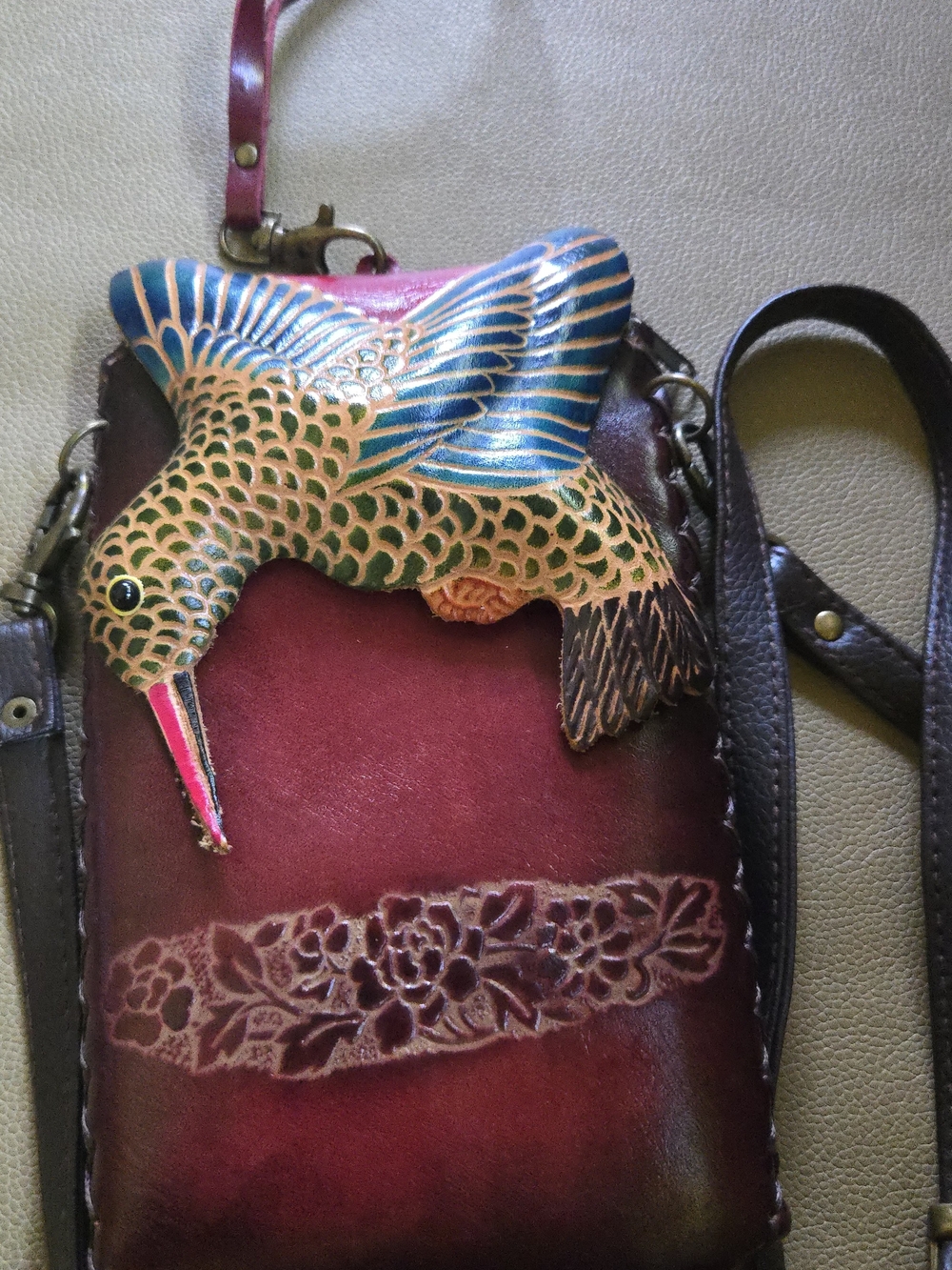 Handmade Burgundy Leather Crossbody Bag with Colorful Hummingbird Accent - Picture 2 of 7